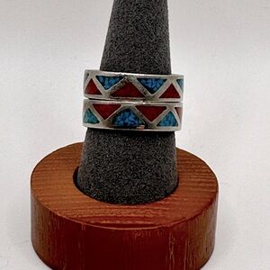 Set of 2 silver rings with turquoise and coral inlay - size 7